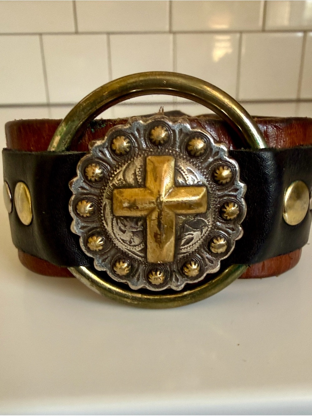 Leather Cuff Bracelet with Gold Cross Concho